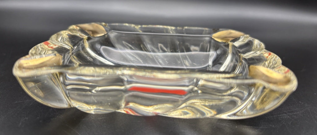 Mid Century Glass Ashtray Gold Tone Corners Red Diamond Trinket Dish