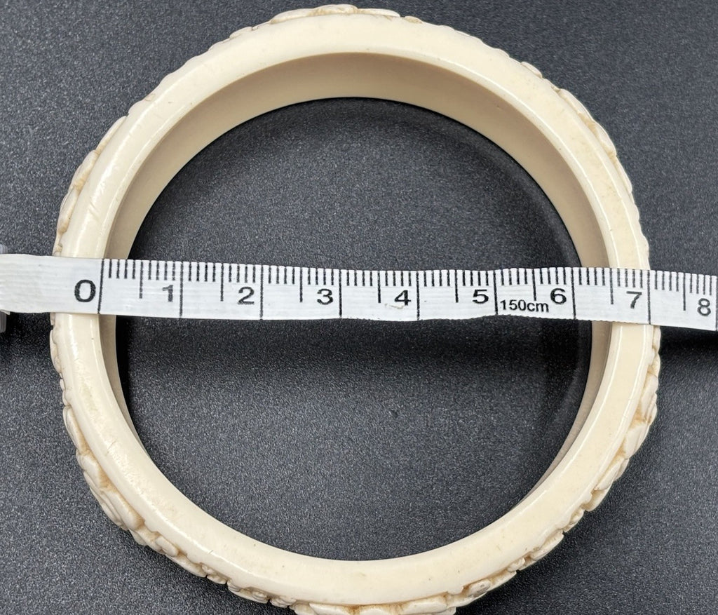 Vintage Carved Floral Cream Tone Bangle Early Plastic Celluloid Era