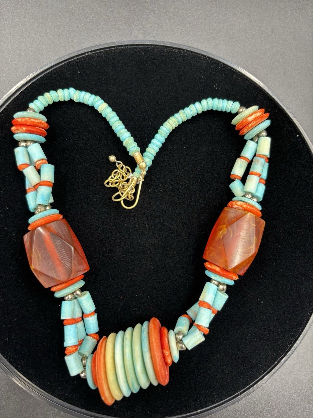 Vintage Tribal Necklace Red Resin & Turquoise Beads Statement Jewelry