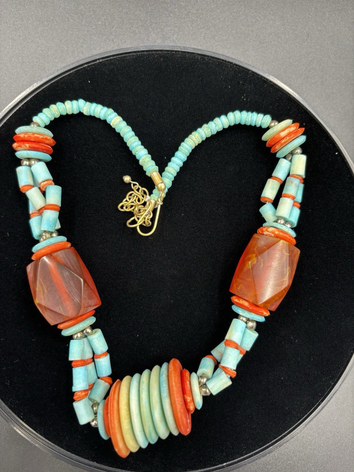 Vintage Tribal Necklace Red Resin & Turquoise Beads Statement Jewelry