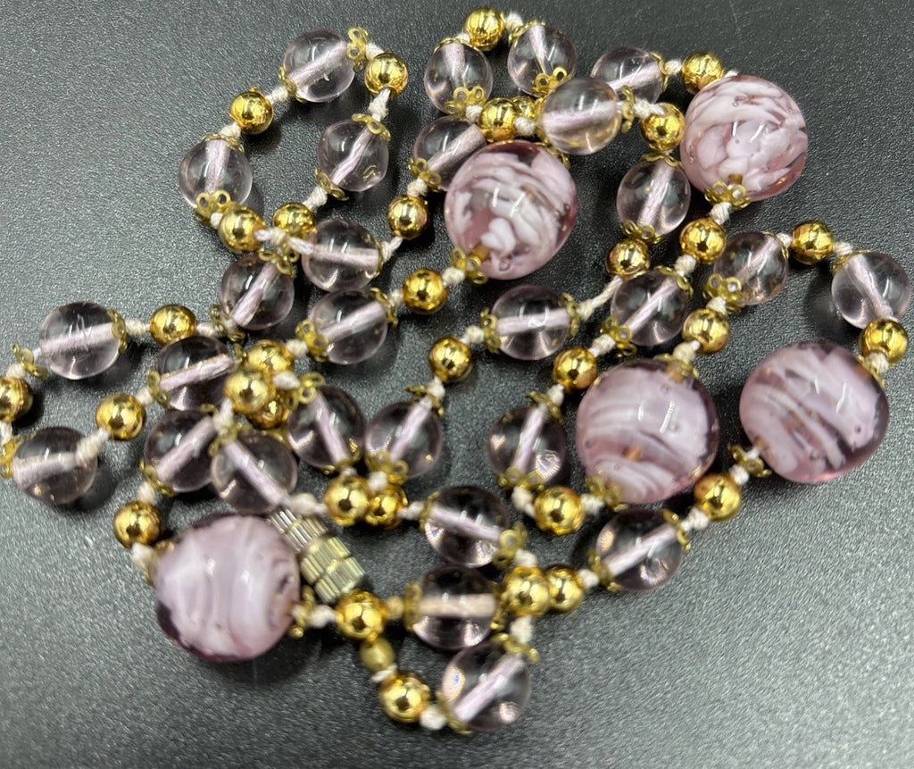 Vintage Italian Venetian Murano Glass Bead Necklace Pink & Purple Gold Lampwork