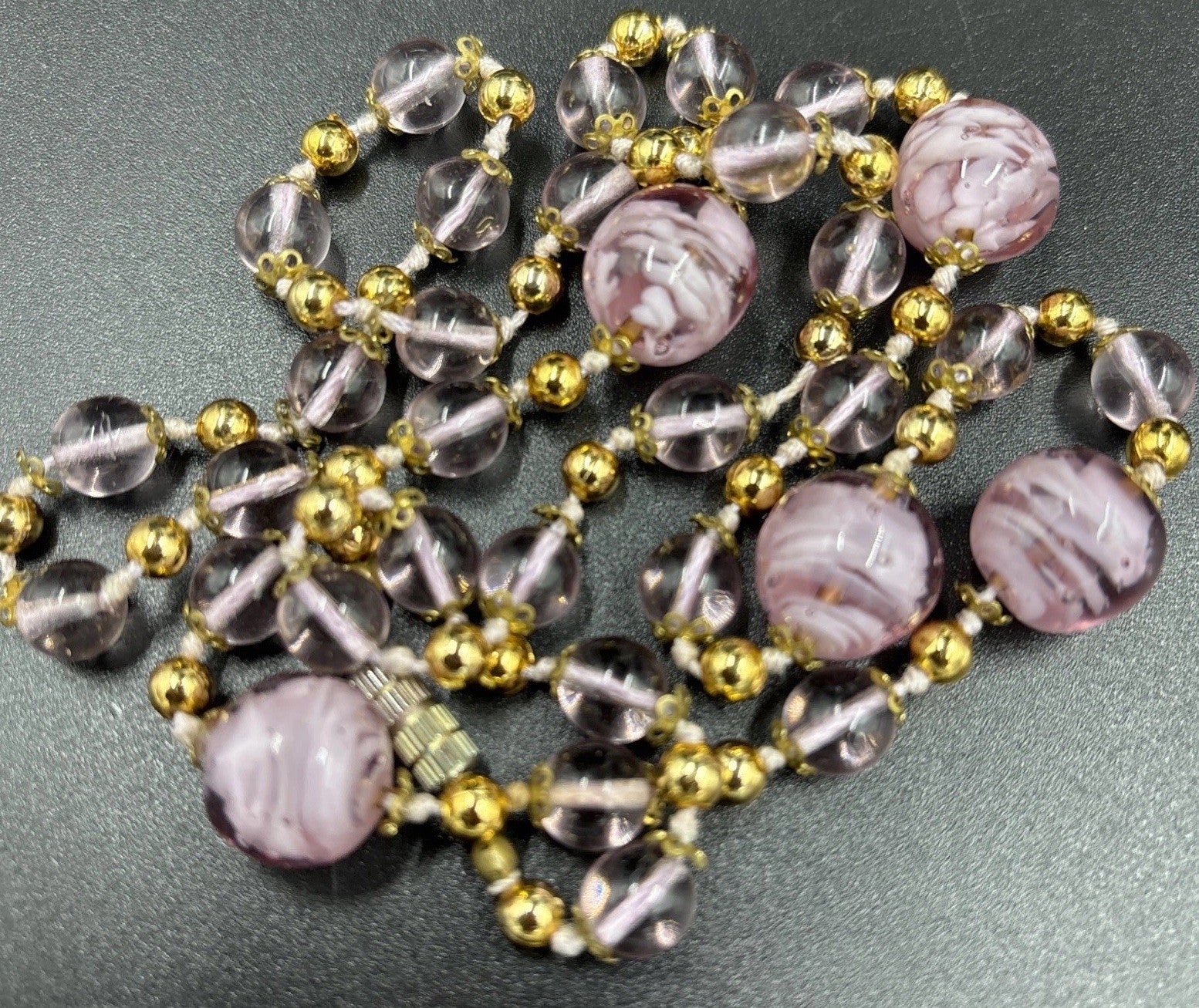 Vintage Italian Venetian Murano Glass Bead Necklace Pink & Purple Gold Lampwork