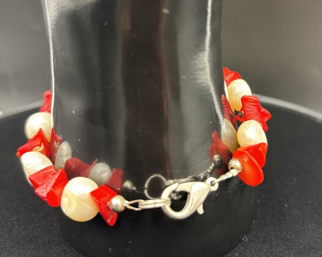 Vintage Coral Pearl Bracelet Red Branch Beads Cultured Pearls Jewelry