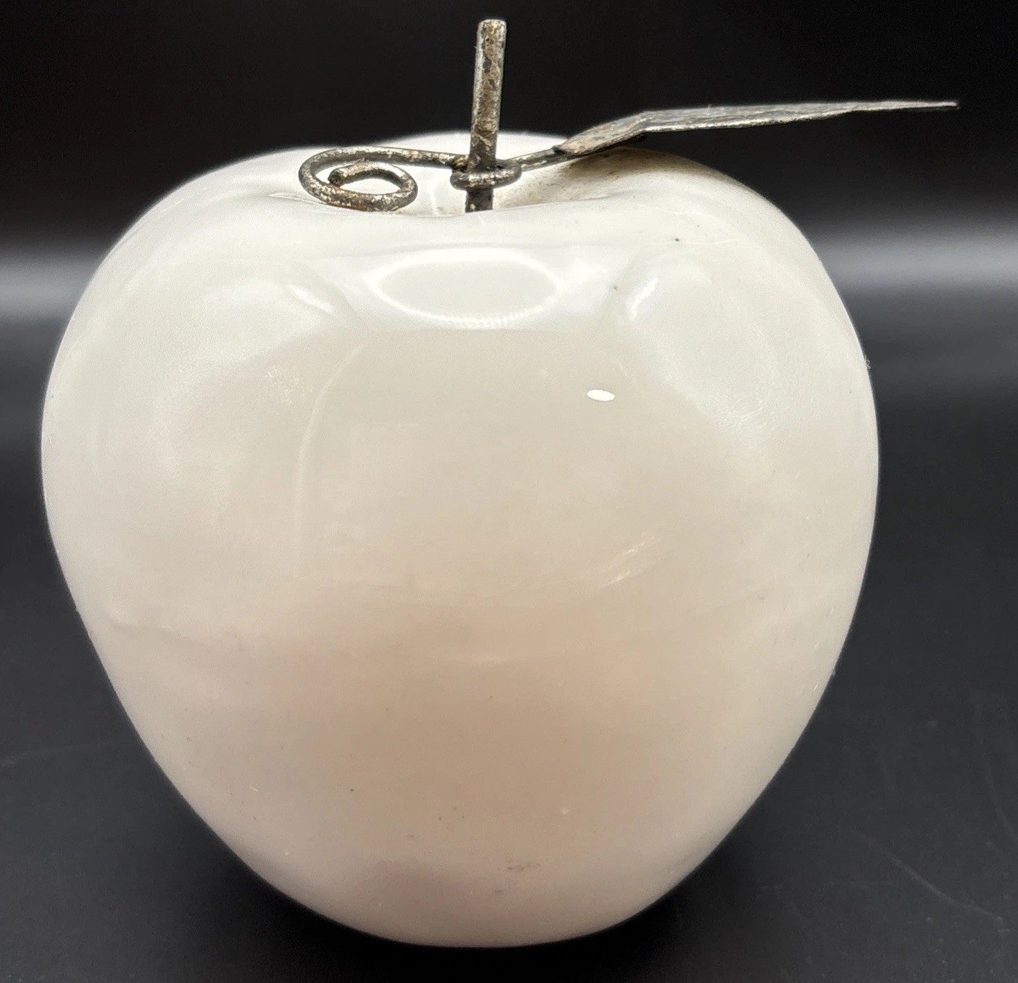 Vintage Milk Glass Apple Sculpture White Fruit Ornament Metal Leaf Display Decor