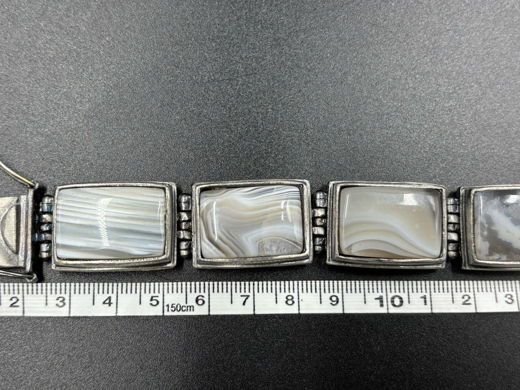 Vintage Agate Panel Bracelet – Mid Century Modernist Silver Tone Jewelry