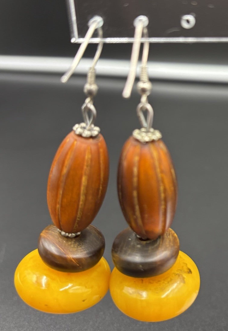 Vintage Casein Egg Yolk Earrings Chunky Marbled Butterscotch Tribal Boho Dangle