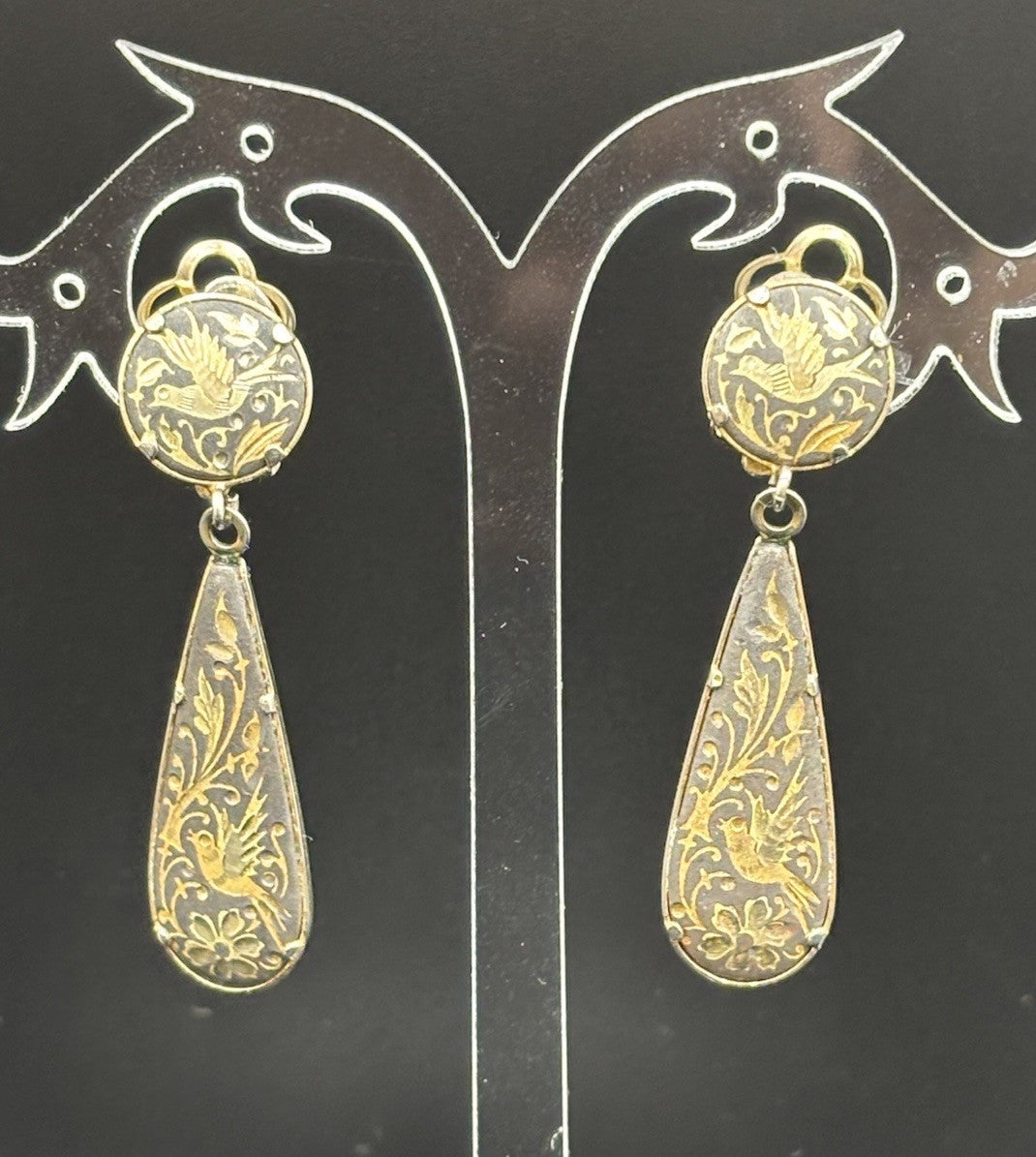 1970s spanish damascene gold and black floral bird dangle clip on earrings