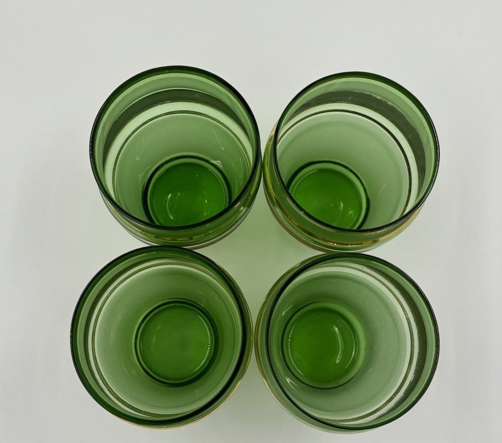 Vintage 1950s Bohemian Green Glass Pitcher & Tumbler Set Gold Fruit Band 5pc