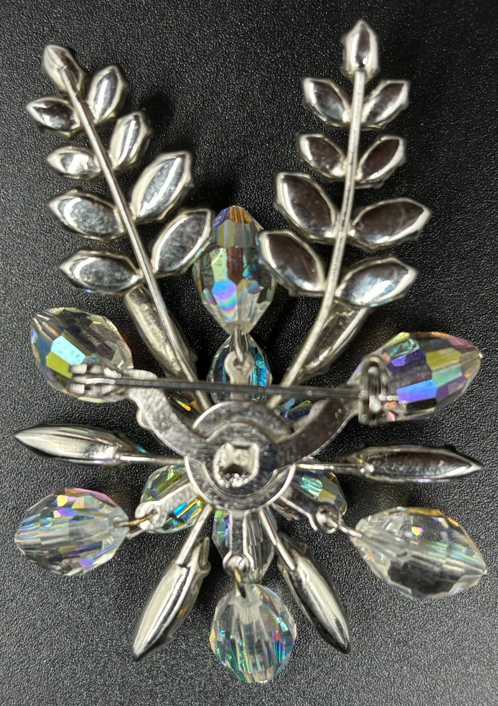 Vtg 1950s Aurora Borealis Crystal Spray Brooch Mid Century Silver Tone Floral