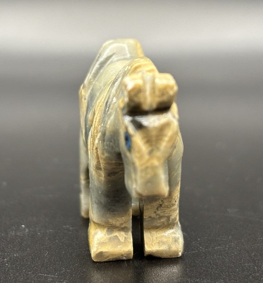 Vintage Hand Carved Onyx Donkey Figurine Banded Stone Animal w Blue Eyes