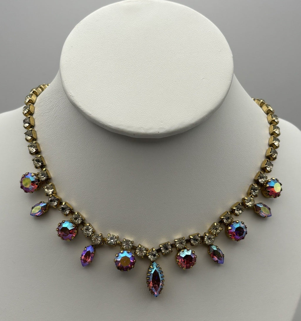 Vintage 1950s Aurora Borealis Rhinestone Choker Necklace Gold Tone Crystal Drops