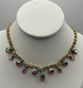Vintage 1950s Aurora Borealis Rhinestone Choker Necklace Gold Tone Crystal Drops