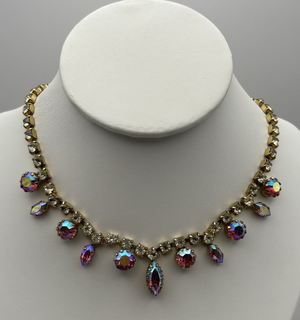 Vintage 1950s Aurora Borealis Rhinestone Choker Necklace Gold Tone Crystal Drops