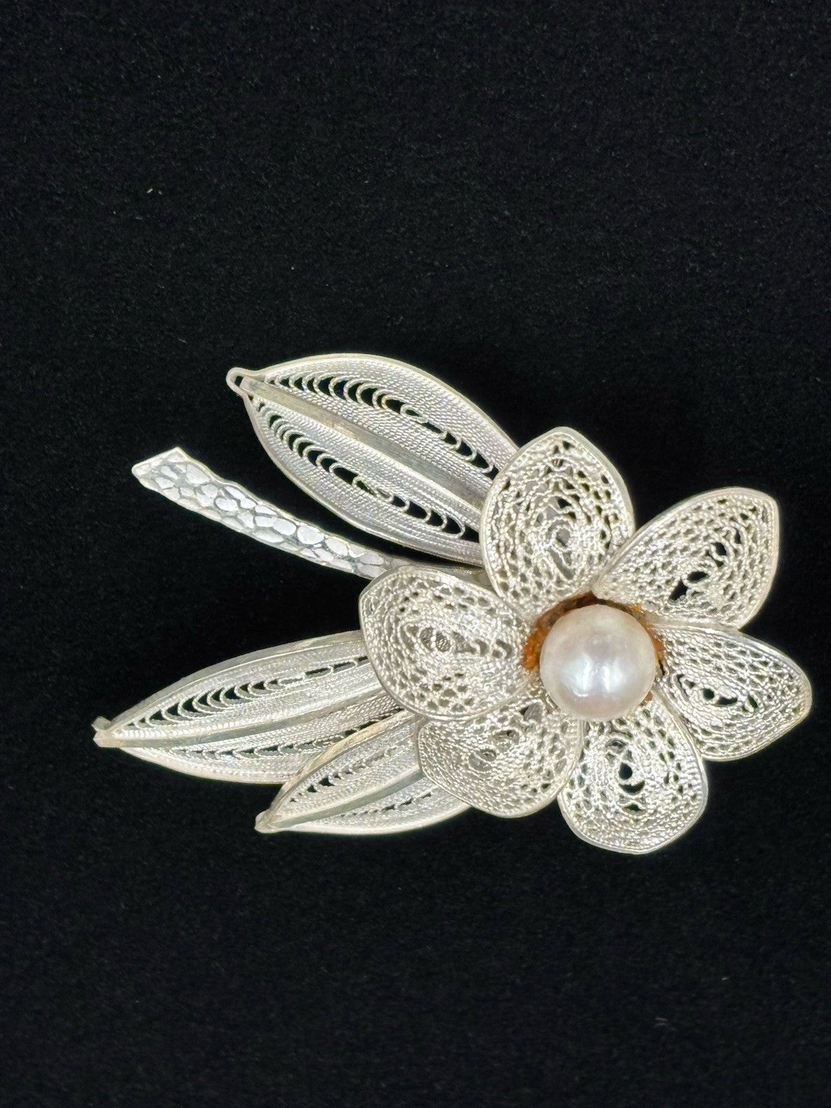 Vintage European Silver Filigree Flower Brooch Faux Pearl Centre