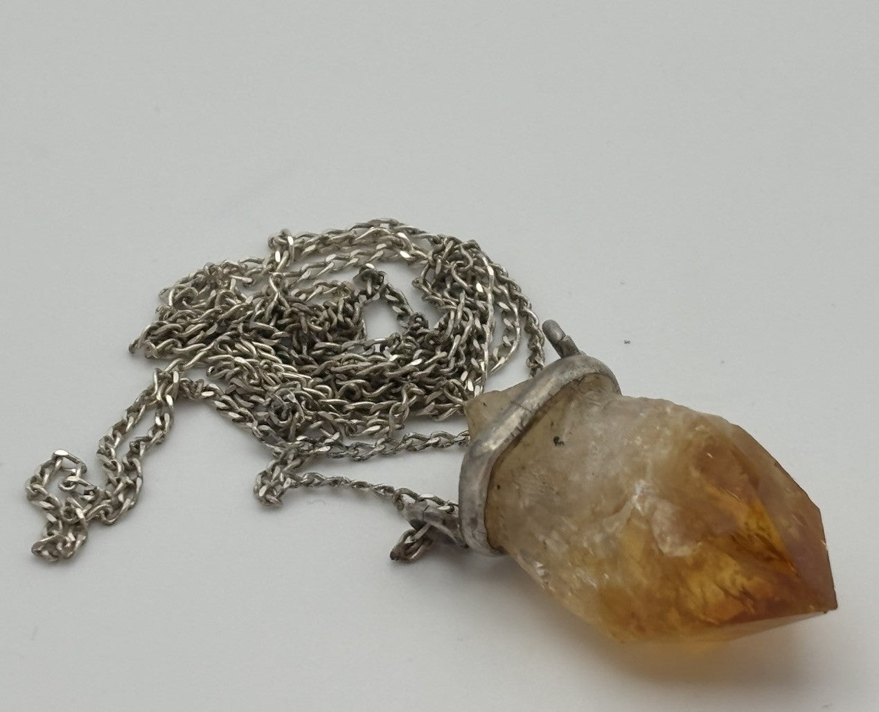 Vintage Sterling Silver Natural Citrine Crystal Pendant Necklace 45cm Artisan