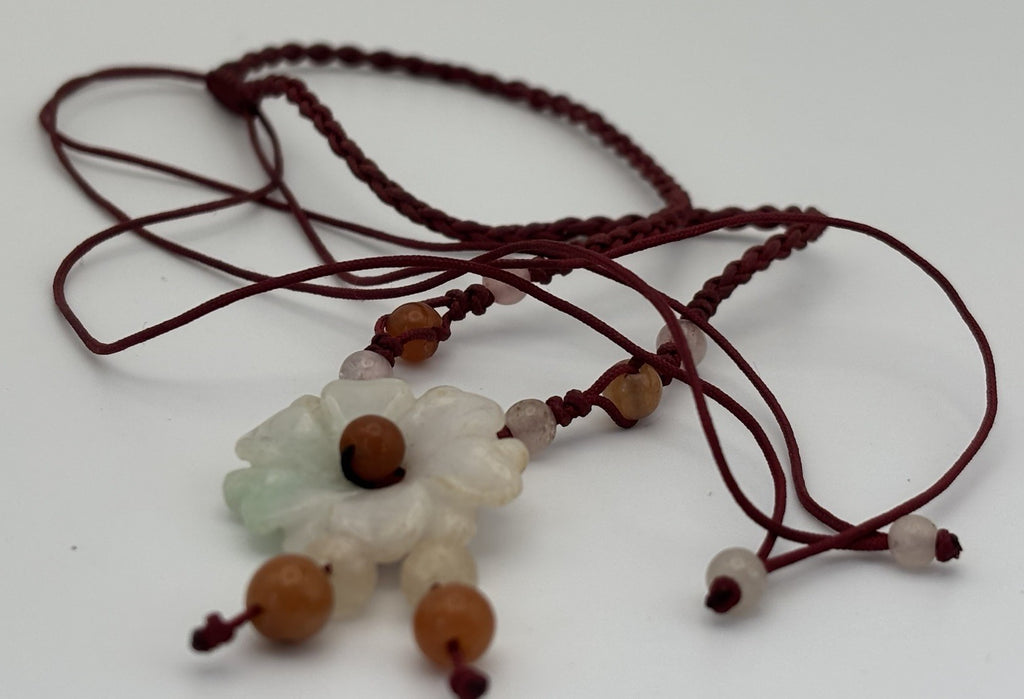 Genuine Jadeite Carved Flower Pendant Necklace Red Cord Beads