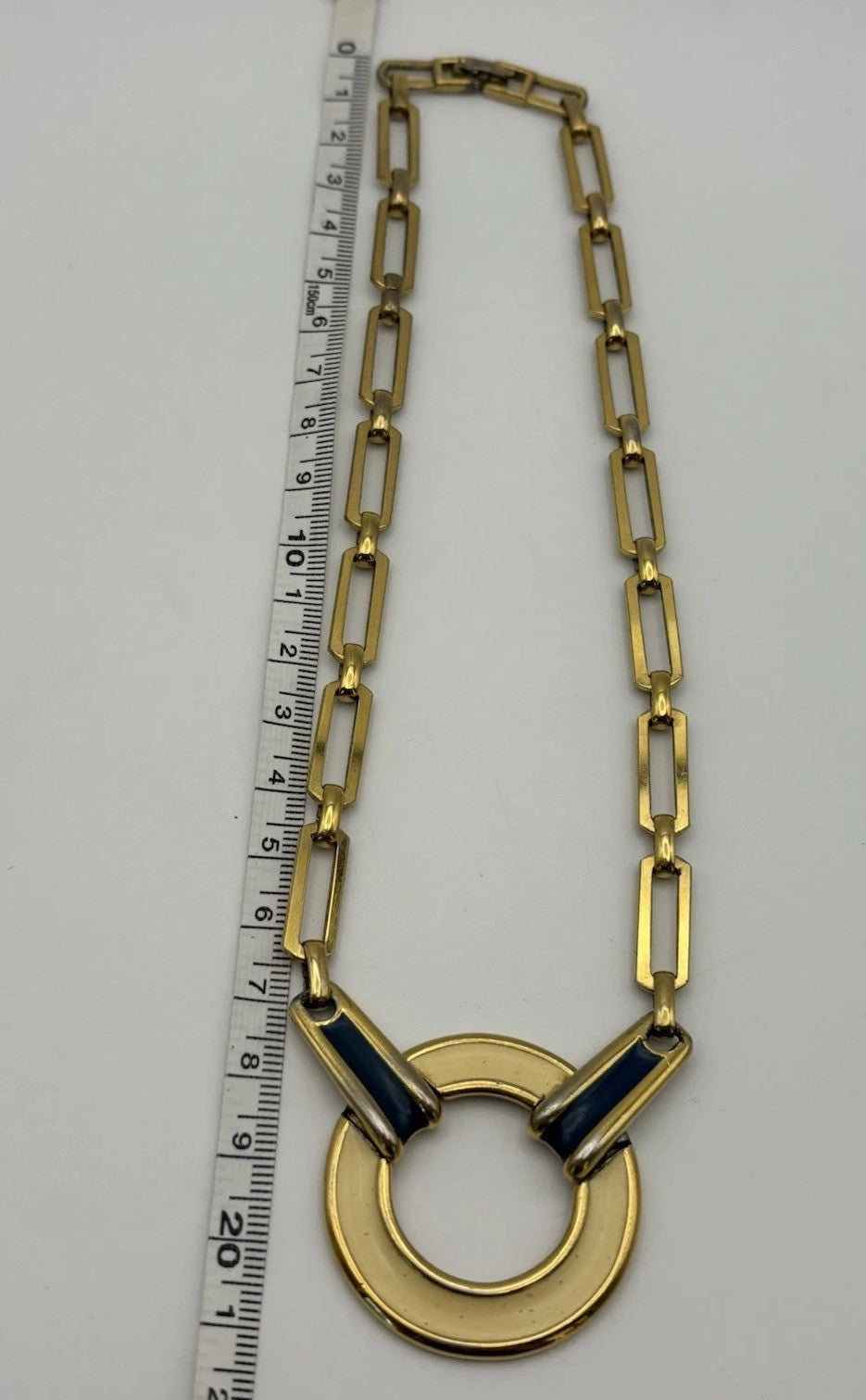 Vintage Monet Necklace Gold Tone Blue Enamel Circle Pendant