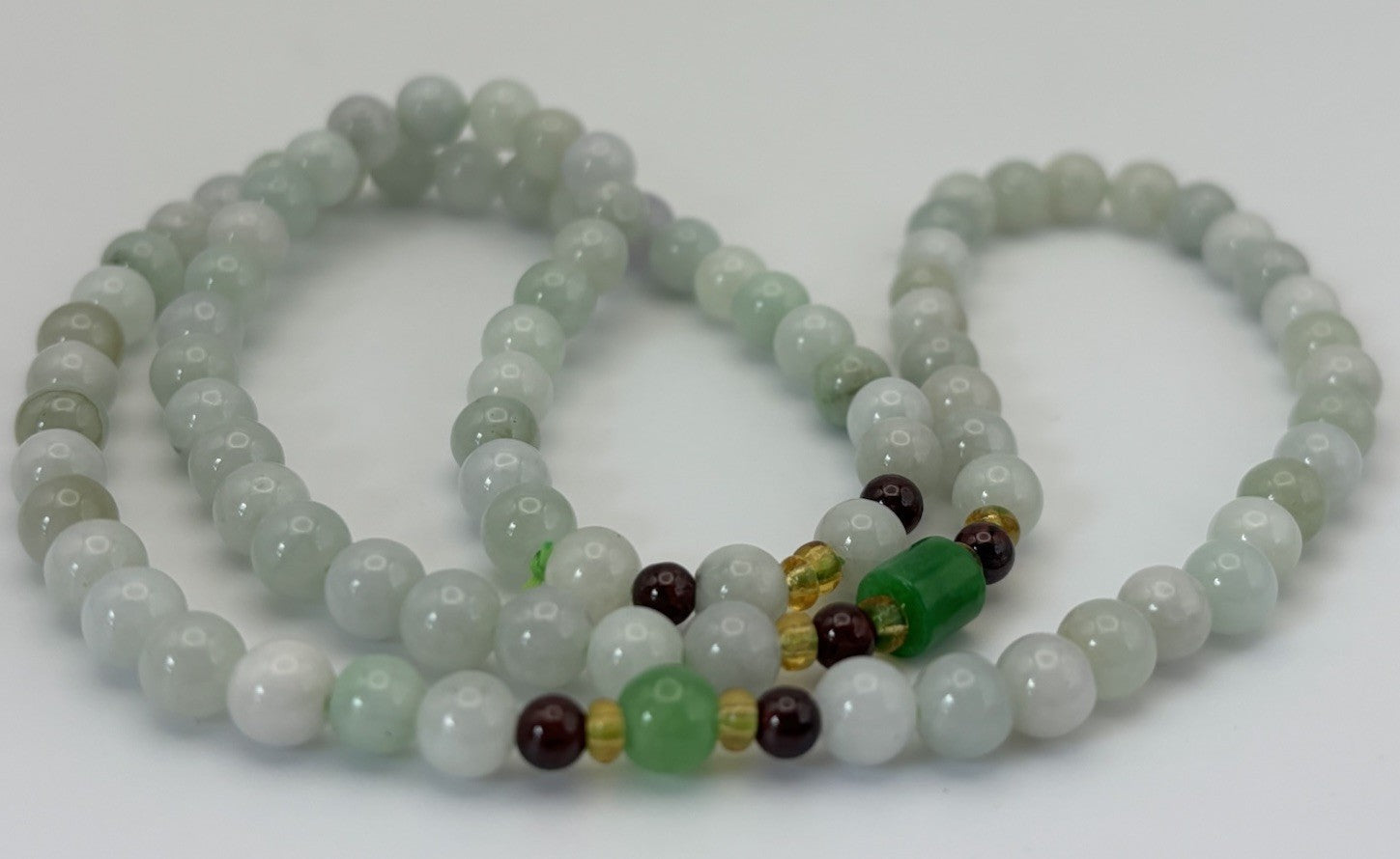 Vintage Natural Jadeite Bead Necklace Pale Green White Lavender Gemstone Strand