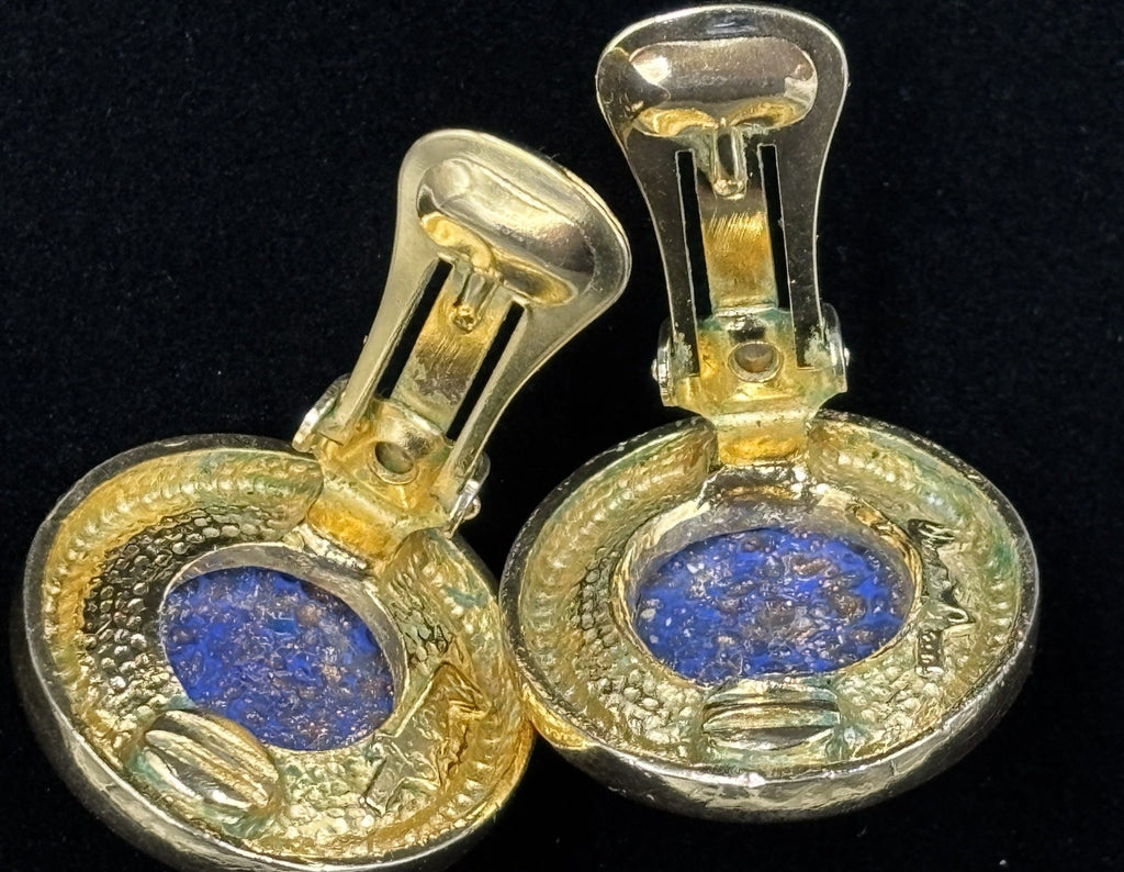 Elegant Vintage DAVID GRAU PARIS Clip-on Earrings - Blue & Gold