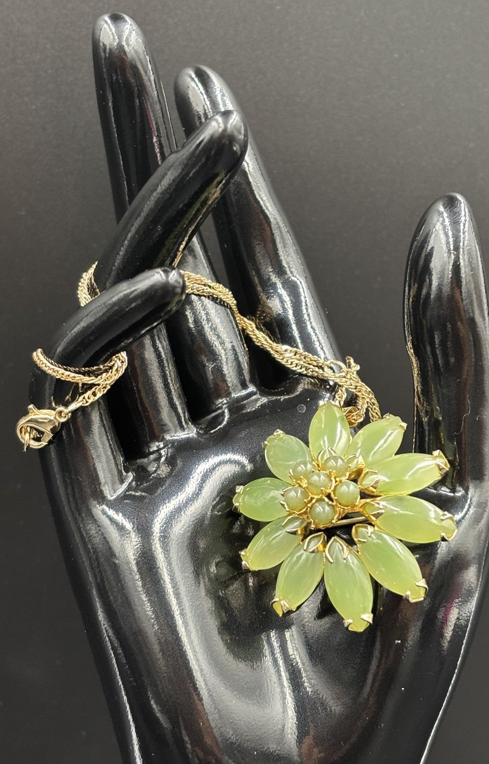 Vintage Jade Green Floral Brooch Gold Tone Statement Cluster Pin