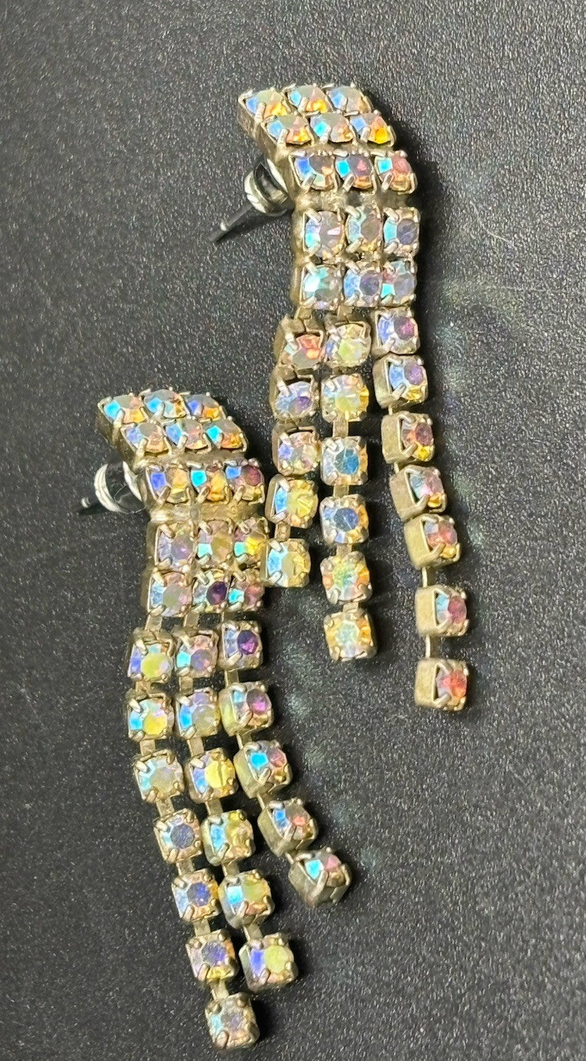 Vintage AB Rhinestone Dangle Earrings Mid Century Sparkle Waterfall Drops