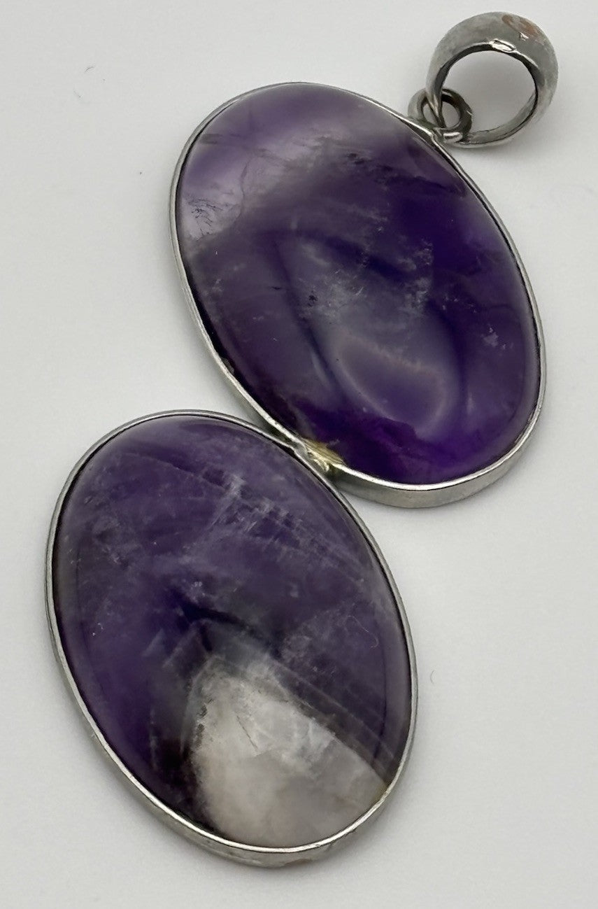 Vintage Amethyst Double Oval Pendant Natural Purple Gemstone Silver Tone Setting