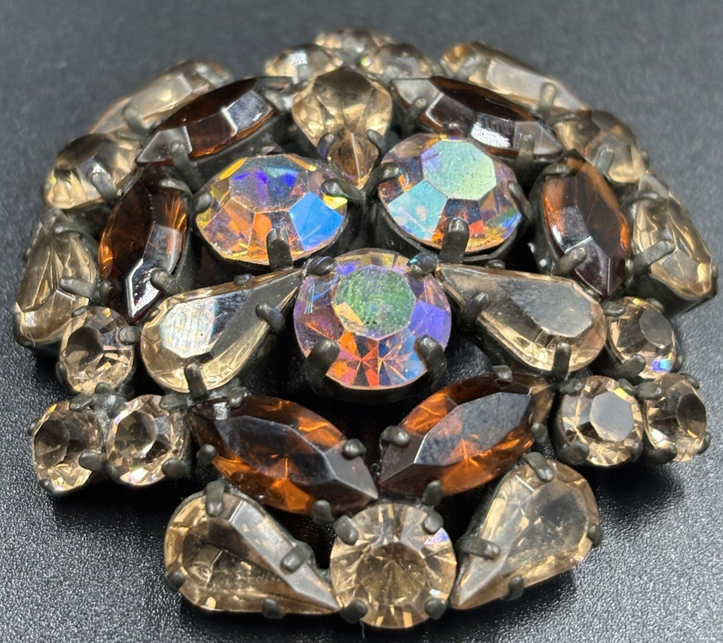 Vintage 1950s AB Rhinestone Brooch Smoky Topaz Brown Glass Pin
