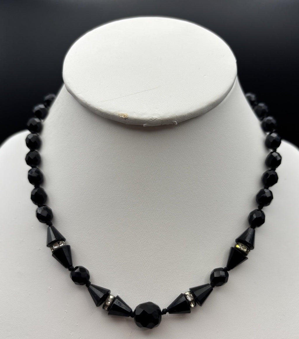 Vintage Austrian Black Faceted Glass Bead Necklace Rhinestone 49cm Elegant
