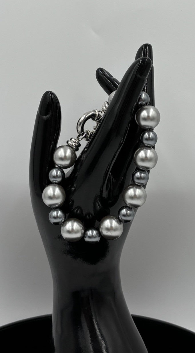 Vintage Silver Grey Faux Pearl Long Necklace Bracelet Set Statement
