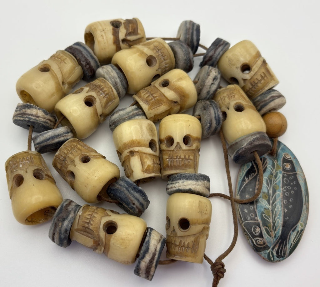 Antique Attributed Tibetan Style Skull Mala Necklace Carved Bone