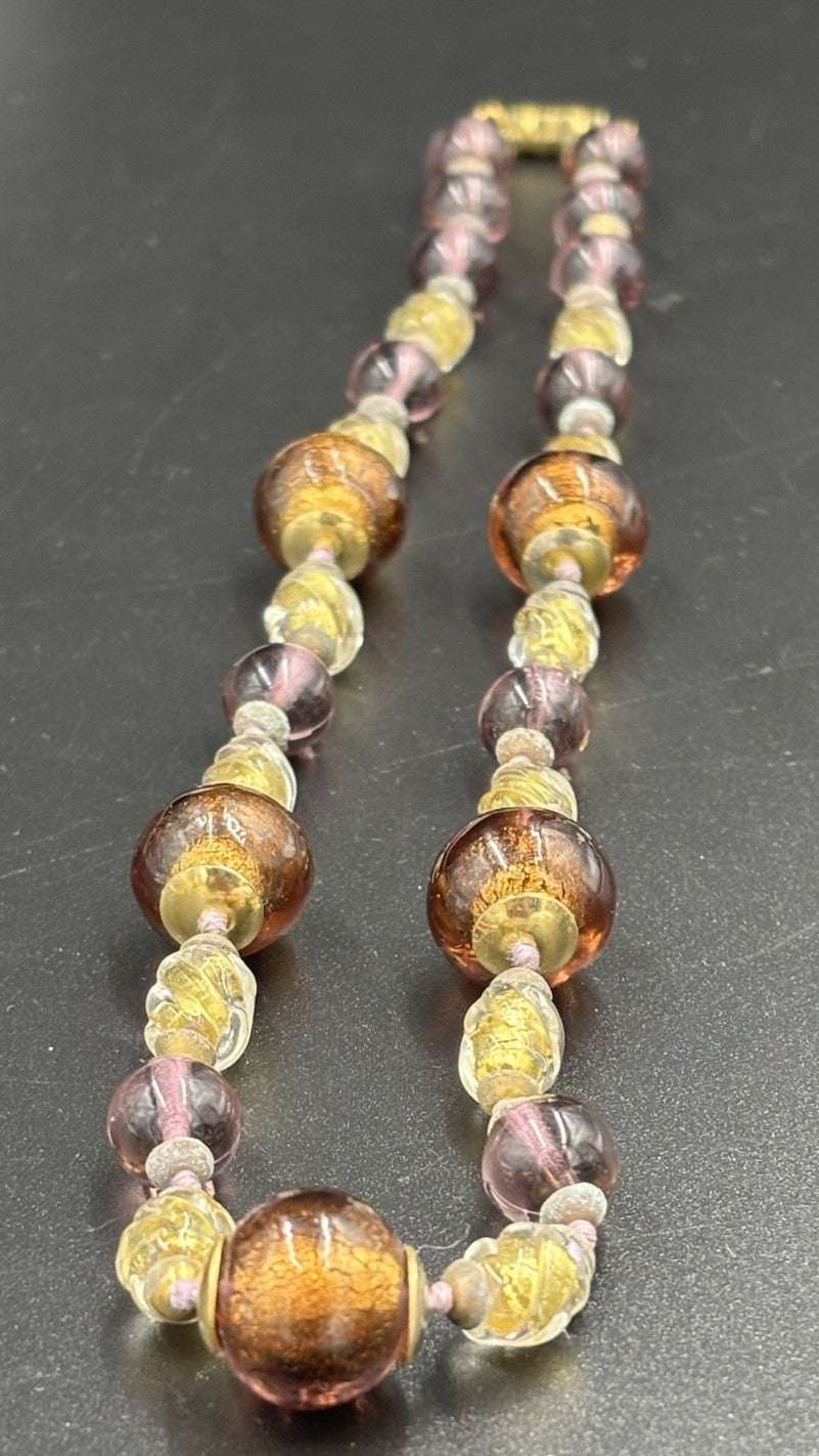 Vintage Brown Honey Gold Foiled Purple Accents Murano Art Glass Faceted Beads