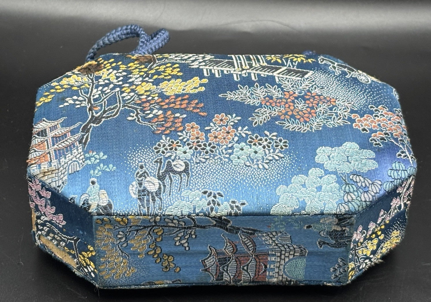 Vintage Chinese Silk Brocade Vanity Box Purse Mirror Case Scenic Motif Blue