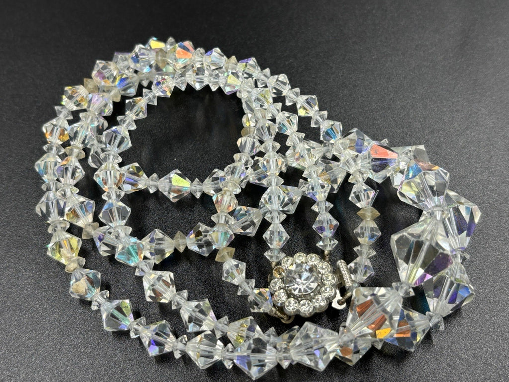 Vtg Double Strand Sparkling Aurora Borealis AB Glass Crystal Necklace & Earrings