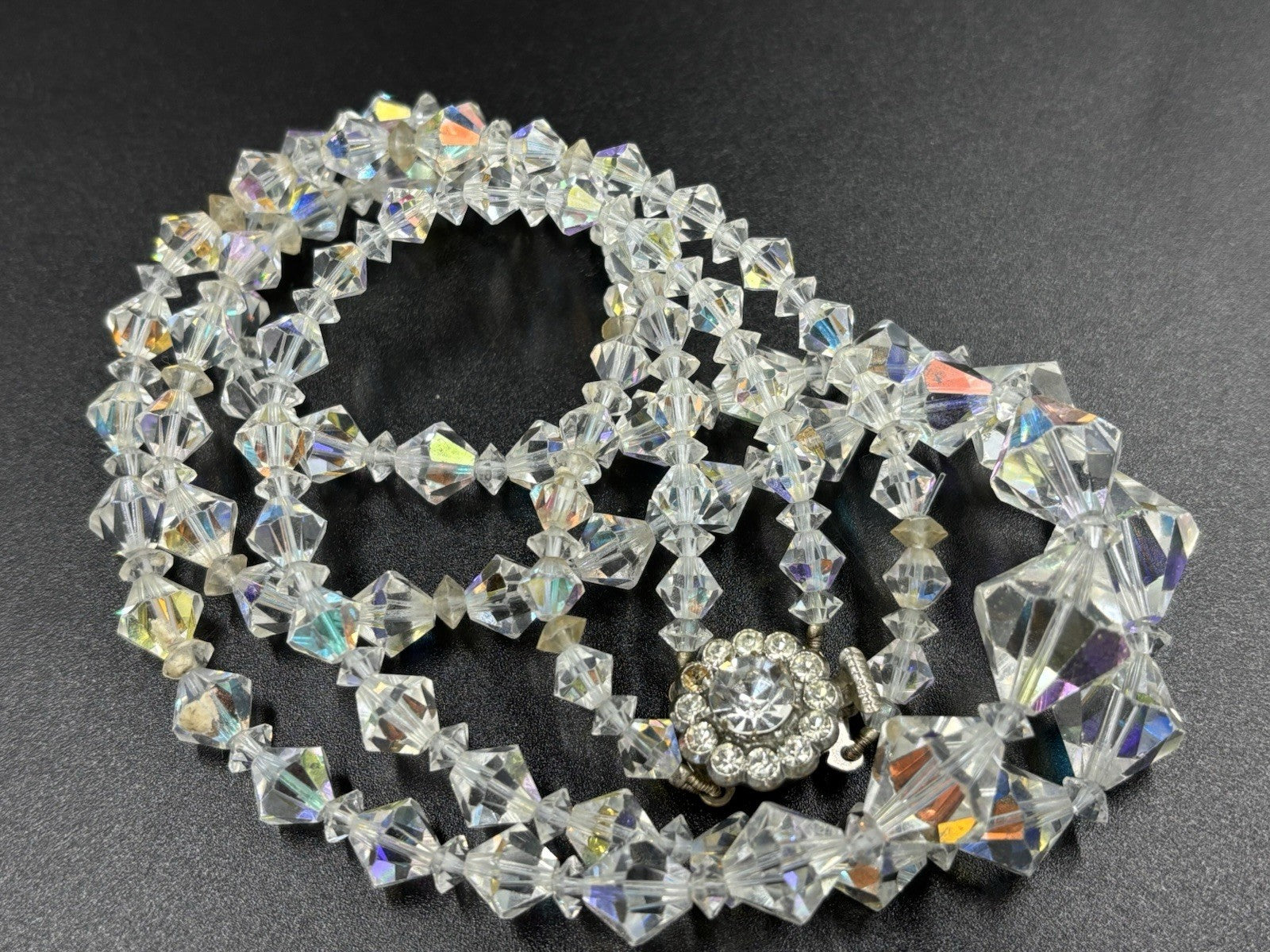 Vtg Double Strand Sparkling Aurora Borealis AB Glass Crystal Necklace & Earrings