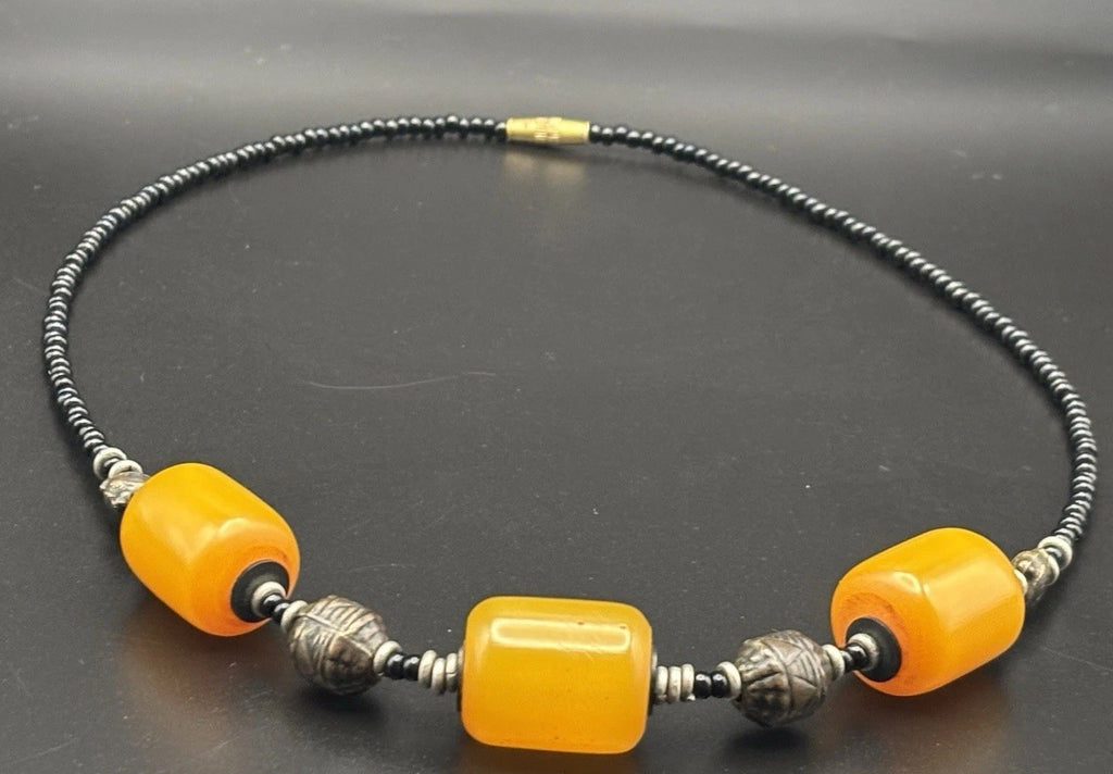 Vintage Butterscotch Bakelite Bead Necklace Bronze Accents