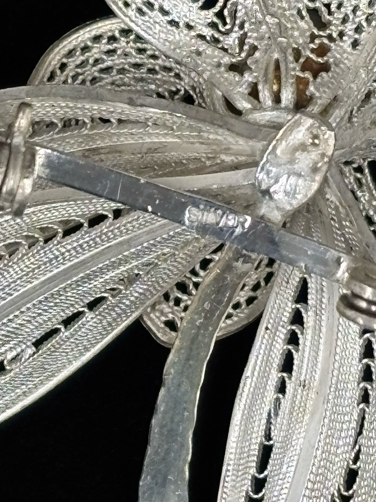 Vintage European Silver Filigree Flower Brooch Faux Pearl Centre