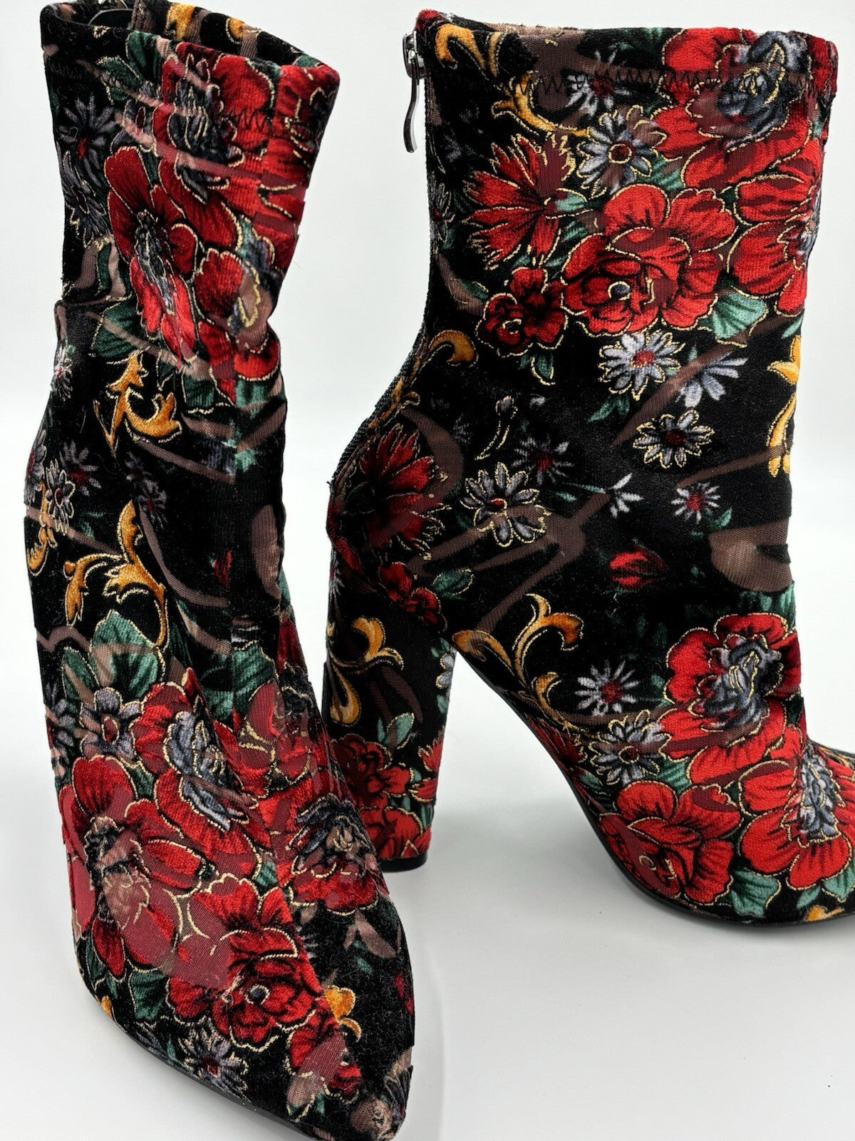 Public Desire Floral Velvet Ankle Boots AU 6 Black Red Gold Block Heel Zip