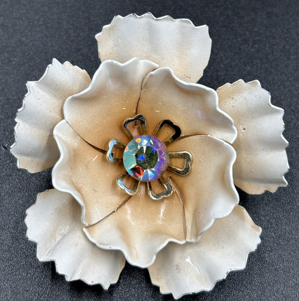 Vintage Blush Peach White Enamel Layered Metal Flower Brooch AB Rhinestone