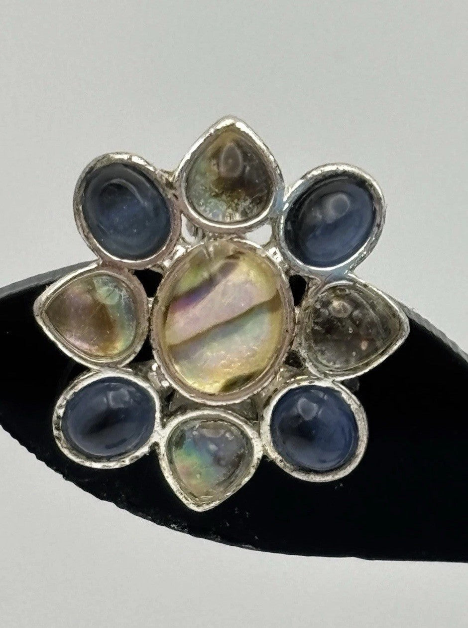 Vintage Monet Floral Clip On Earrings Silver Tone Abalone Blue Glass Signed