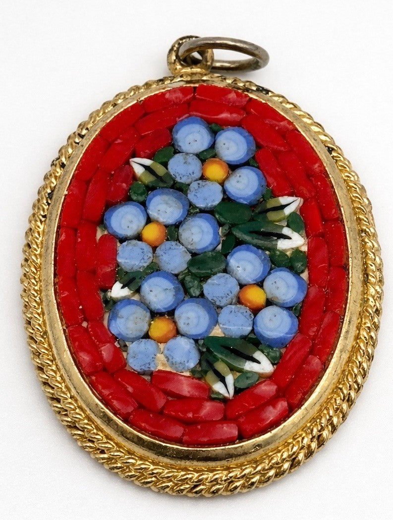 Vintage Italian Micro Mosaic Floral Pendant Red Frame Glass Italy