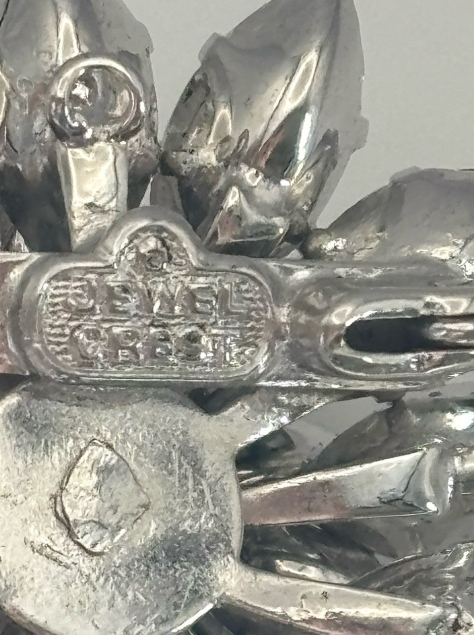 Vtg JewelCrest Brooch Donald Simpson Signed Clear Rhinestones Silver Tone