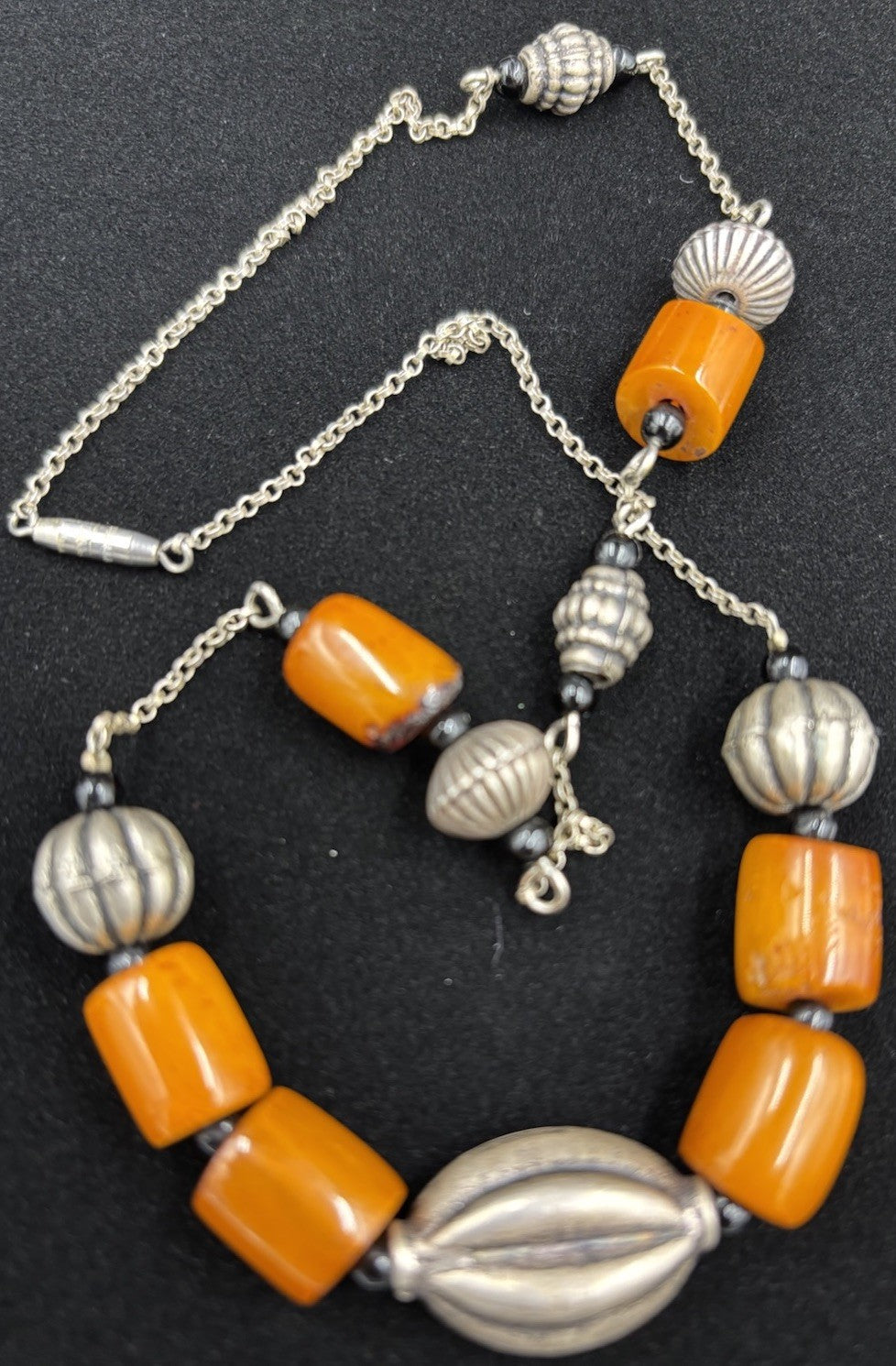 Vtg Butterscotch Bakelite Necklace Yellow & Silver Tone Bead Jewellery