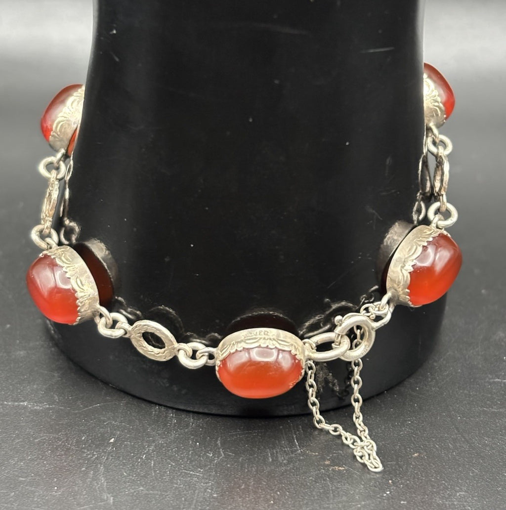 Vintage Sterling Silver Red Carnelian Cabochon Bracelet Link Safety Chain