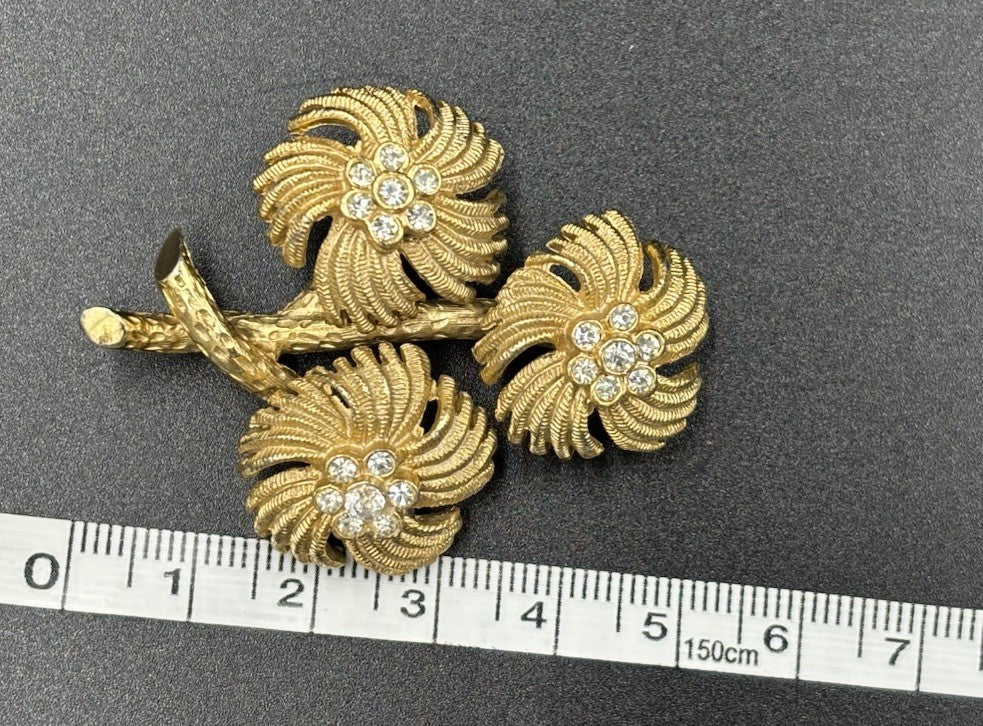 Vintage Kramer Signed Floral Rhinestone Brooch Gold Tone Spray Bouquet