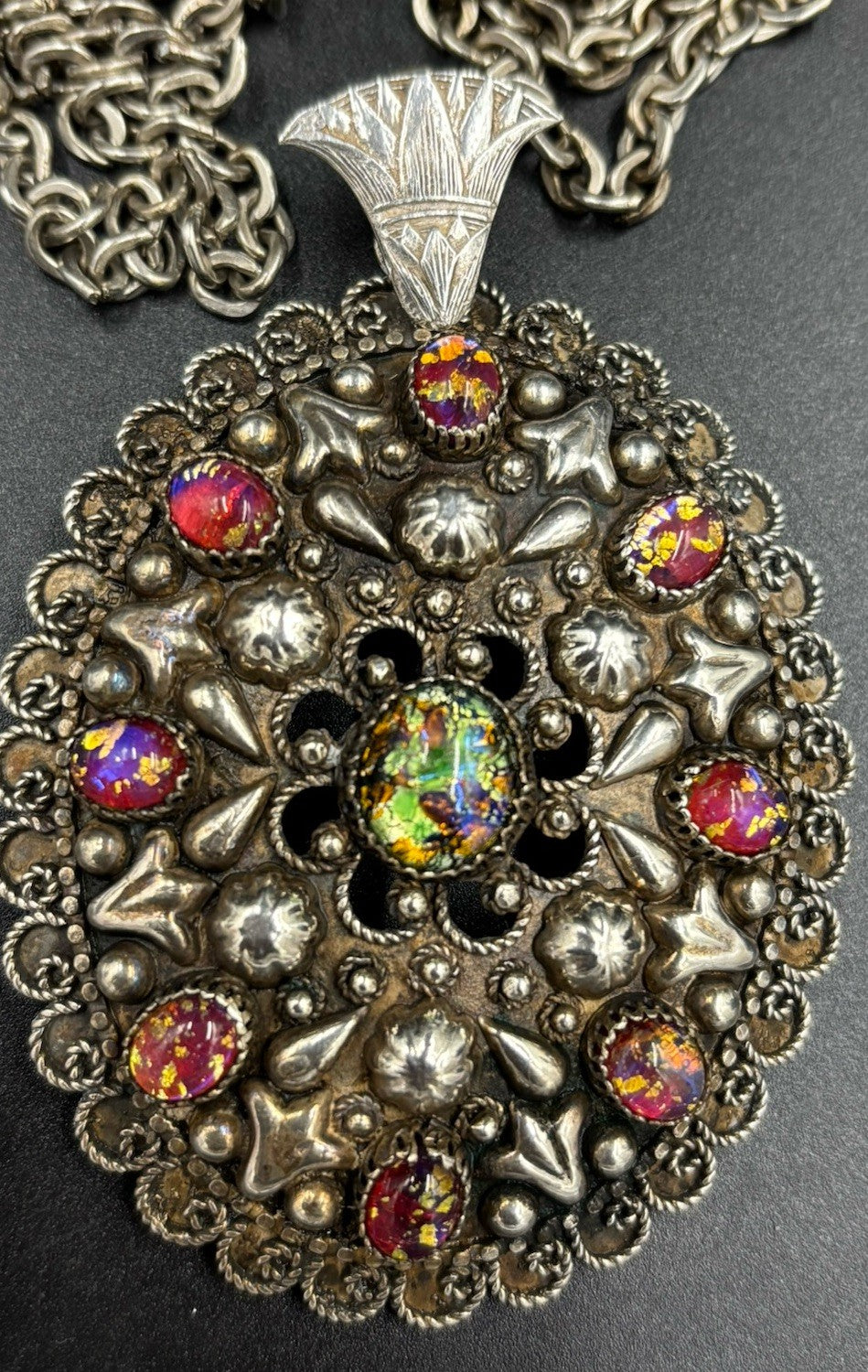 Vintage Sterling Silver Etruscan Egyptian Revival Necklace Foil Art Glass