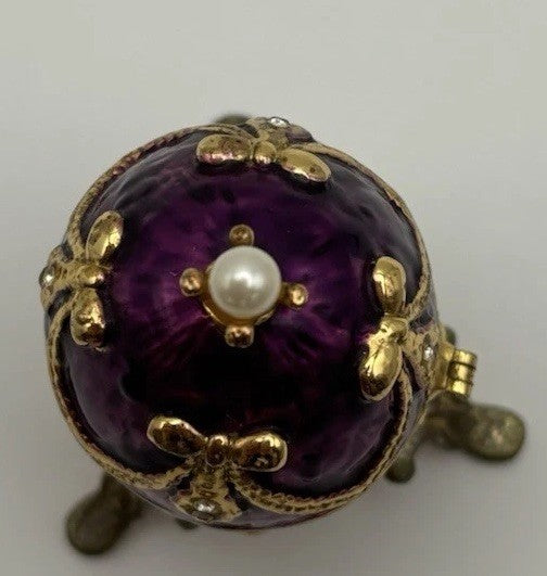 Fabergé Style Purple Enamel Egg Trinket Box with Pearl and Rhinestones