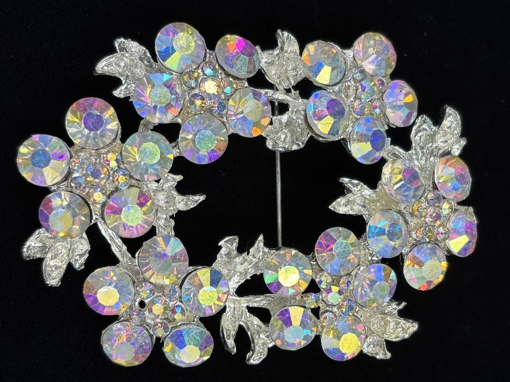 Vintage AB Rhinestone Wreath Brooch Silver Tone 1950s Mid Century Jewelry