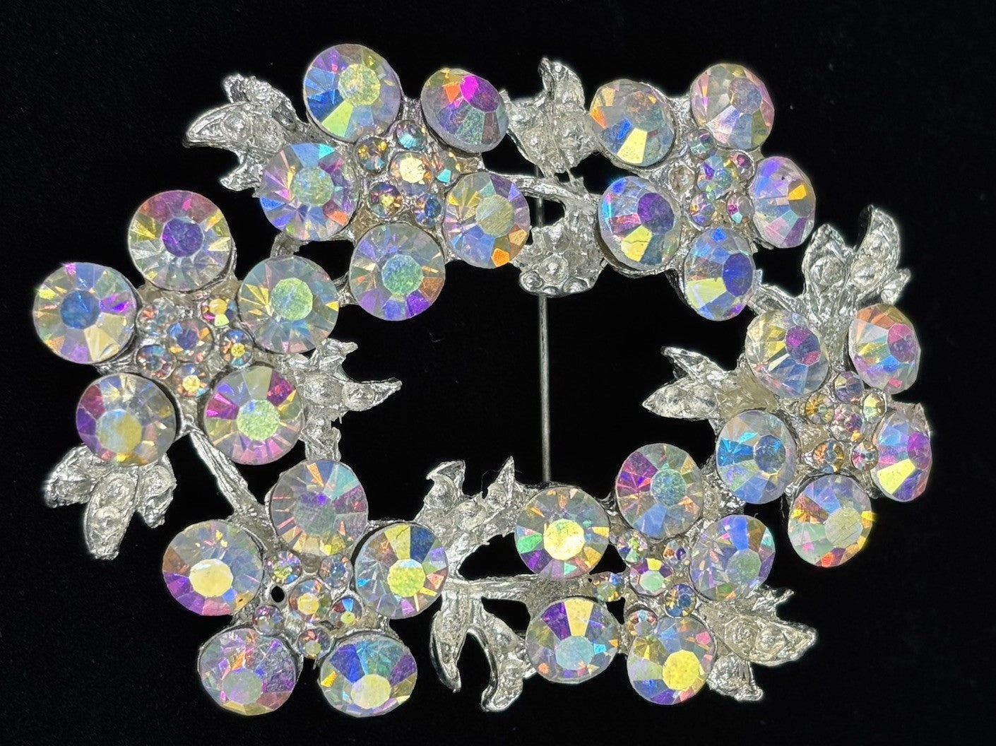 Vintage AB Rhinestone Wreath Brooch Silver Tone 1950s Mid Century Jewelry