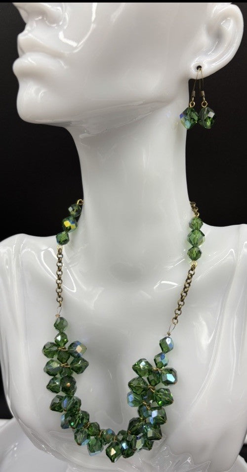 Vintage 1950s Aurora Borealis Green Crystal Bib Necklace & Earrings Set