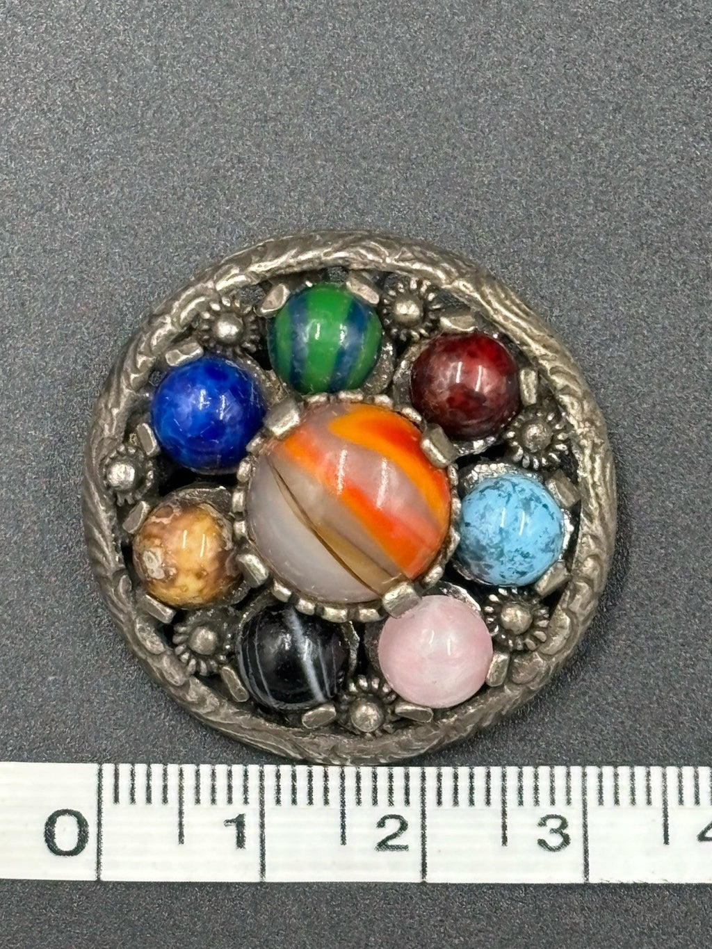 Vintage Miracle Scottish Celtic Banded Multiple Agate Glass Pin Brooch Signed